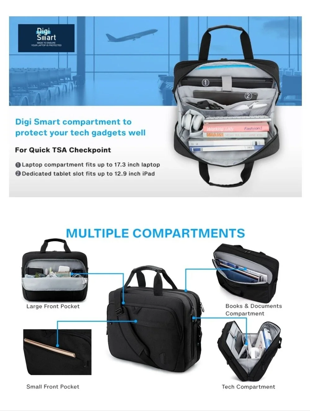 Bagsmart 17.3 Inch Laptop Bag Expandable Computer Bag Briefcase Black